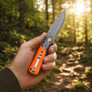 Couteau de poche tactique original pliable en acier Damas personnalisé avec manche en os de vache/bois, couteaux de camping et de chasse, vente en gros OEM DM050 - Product Image 2