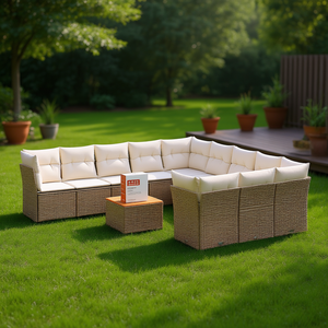 Conjunto de Sofás de Jardín de Ratán Beige, Muebles de Exterior de Diseño Contemporáneo, Ratán PE Resistente a los Rayos UV, Cojines de Espuma de Alta Densidad - Product Image 2