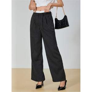 Pantalon large rayé pour femme, taille haute, infroissable, avec poches, décontracté, pour le travail ou le bureau - Product Image 5