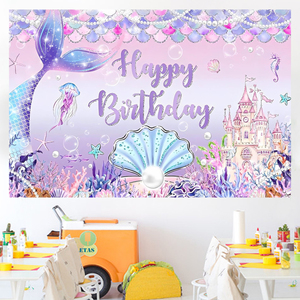 Lila Meerjungfrauenschwanz-Themen-Hintergrundbanner Muschelschloss Happy <span class=keywords><strong>Birthday</strong></span> Dekorationshintergrund für Mädchen-Partyzubehör - Product Image 2