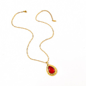 Stainless Steel Teardrop Pendant <b>Necklace</b> <b>Ruby</b> Inlay 18K Gold Plated Bohemian Style Adjustable Chain Fashion Jewelry - Product Image 4