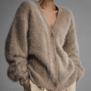 Herbst-Winter-Cardigan für Damen, Flauschiger V-Ausschnitt Strickpullover, Einreihig, Überschnittene Schulter, Puffärmel, Gerippte Manschetten, Gemütlich Weich und Warm - Product Image 1