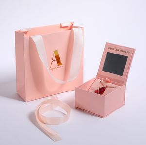 Boîte à bijoux de luxe avec logo personnalisé, design d'emballage en papier miroir, coffret cadeau pour collier et bague, boîtes d'emballage avec ruban - Product Image 5