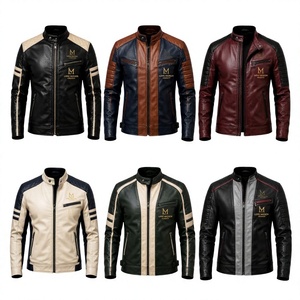 Men's Genuine Leather Heated Moto <b>Biker</b> <b>Jacket</b> Stand Collar Zipper Closure Color Blocking Design Winter Slim Fit Regular Front - Product Image 1