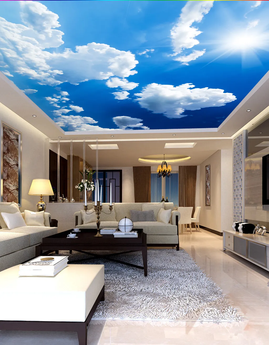 ZHIHAI Sunny Day ฝ้าเพดาน Pvc 3d,มีสารหน่วงไฟสำหรับตกแต่งภายในโรงแรมพิมพ์ลายท้องฟ้า UV น้ำหนักเบา