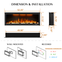 Cheminée électrique murale Luxstar de 50 pouces, technologie LED à économie d'énergie, télécommande, thermostat réglable, usage domestique