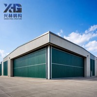 Hangar préfabriqué en structure métallique avec porte hydraulique, bâtiment métallique monobloc avec porte à auvent pour base aérienne