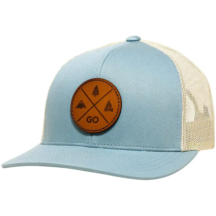 Free Sample Men Outdoors Sports Mesh Cap Cotton Embroidery 6 Panel Baseball Cap Leather Patch Trucker Cap Hat