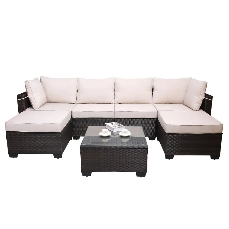 Outdoor Garden Patio Furniture 7-Piece PE Rattan Wicker Cushioned Sofa Sets and Coffee Table,In stock in USA