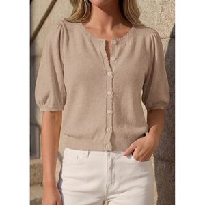 Puff Short Sleeve <b>Cardigan</b> For Women Lightweight Knit Button Up <b>Sweater</b> Top Summer Casual Breathable Spring Clothes - Product Image 3