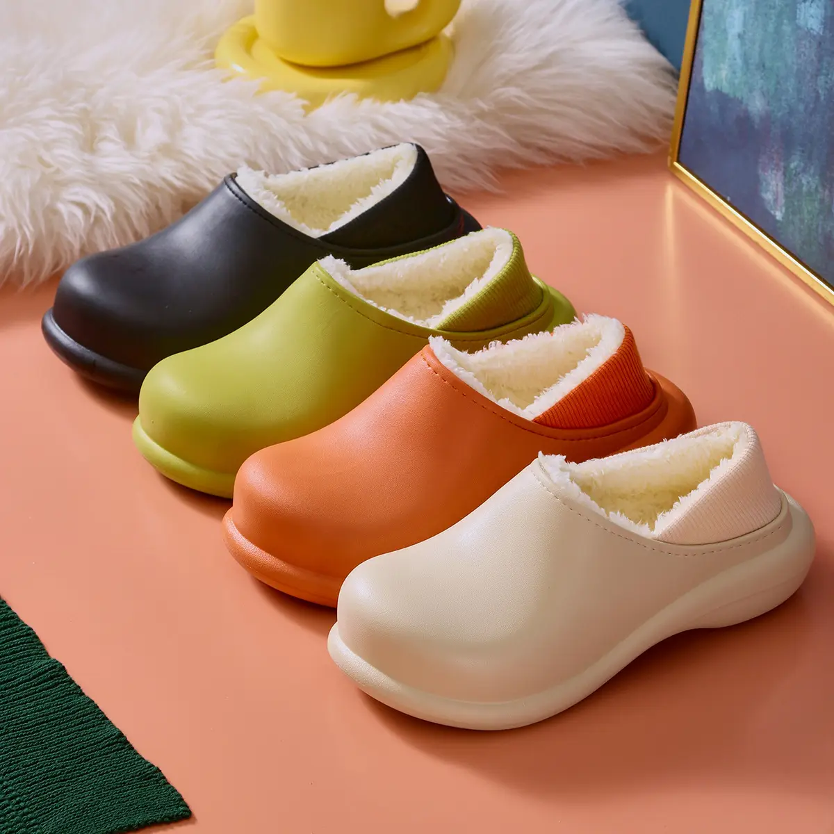 Waterproof Cotton Furry Winter Heeled Sandals Clogs Mules EVA Anti-slip Trendy Shoes For Women And Ladies
