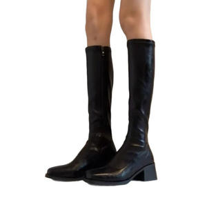 Version en cuir de vachette~Nouvelles bottes hautes fines à talon moyen en cuir véritable de style britannique pour femmes, à bout carré, avec fermeture éclair latérale, sous le genou, style équestre - Product Image 5