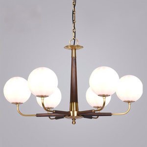 Walnut Wood Color Gold Metal Frame White Jade Glass Shade Chandelier Pendant <b>Light</b> for Living Room <b>Dining</b> Room Bedroom - Product Image 1