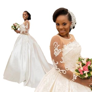 African Style Wedding Dress O Neck High Waist Satin Ball Gown Vintage Lace Mid Sleeve White - Product Image 2
