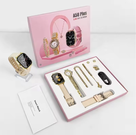 Hot Selling A58 Plus Smart Watch 7 in 1 Set with 2 Straps Earrings Bracelets Necklaces Set BT Call 2.02inch Women Smartwatch