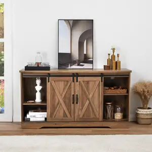 Fireplace TV Stand Sliding Barn Door Wood Entertainment Center with a 23'' Electric Fireplace Insert, Modern Farmhouse Storage