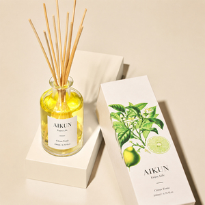 Aikun Citrus Tonic 200ml Clear Glass <b>Reed</b> <b>Diffuser</b> Set With Natural Rattan Sticks Botanical Box <b>For</b> Home Hotel Wholesale Gift - Product Image 1
