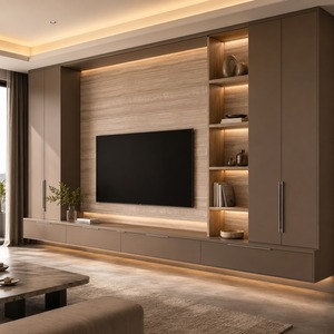 Mobile <span class=keywords><strong>TV</strong></span> Moderno con <span class=keywords><strong>Base</strong></span> Sospesa, Armadietti a Tutta Parete e Mensole Aperte Illuminate - Product Image 1