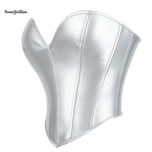 Women's Corset <strong>Top</strong> Y2K Metallic Shiny Open Back Boned Bustier Aesthetic Leather Bodyshaper <strong>Crop</strong> <strong>Tops</strong> <strong>Silver</strong> - Product Image 4