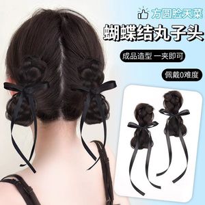 Moño de cinta con doble lazo y clip para mujer, extensión de cabello sintético estilo cola de caballo con encaje - Product Image 2