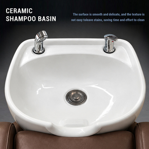 Fauteuil de lavage pour salon de coiffure avec coussin d'assise épaissi, repose-pieds réglable, bac en céramique - Lit de lavage personnalisable en cuir - Product Image 4