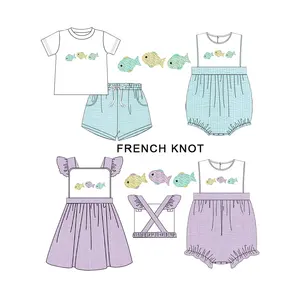 Clothes Puresun Custom Kids Clothing Summer Kids Clothes French Knot Baby Boy Clothing With Fish Embroidery