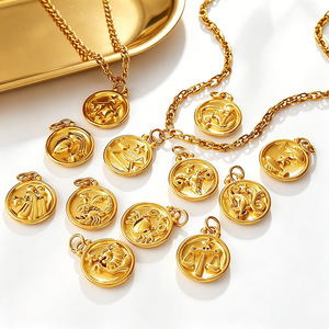 Collier pendentif zodiaque en acier inoxydable plaqué or 18 carats, chaîne à maillons ronds gravés, bijoux horoscope pour femmes - Product Image 2