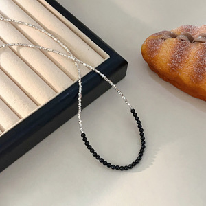 Yinruitai S925 Sterling Silver Black Agate Double-tone Necklace <b>Bracelet</b> Set For Women Everyday Wear Clavicle Chain Jewelry - Product Image 2