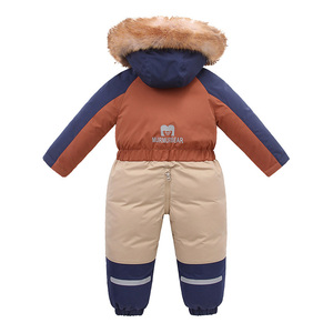 High Quality Waterproof Three-color Block Kids One-Piece <strong>Snowsuit</strong> Two-way Zipper Winter Warm Fur Hood <strong>for</strong> <strong>Toddler</strong> Boys Girls - Product Image 2