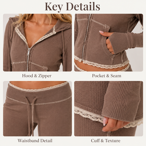 Ensemble deux pièces décontracté vintage Y2K pour filles, avec sweat à capuche zippé côtelé marron moka à bordure en dentelle et pantalon évasé, coupe ajustée, personnalisable, vente en gros - Product Image 4