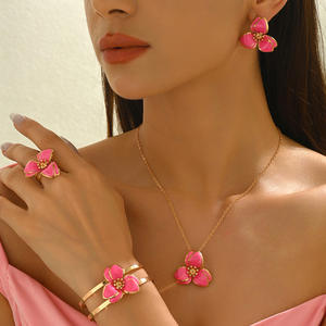 European American Export Korean Style Simple Niche Design Oil-Drip Three-Petal Flower <strong>Earrings</strong> Necklace Vacation Style Set Alloy - Product Image 3