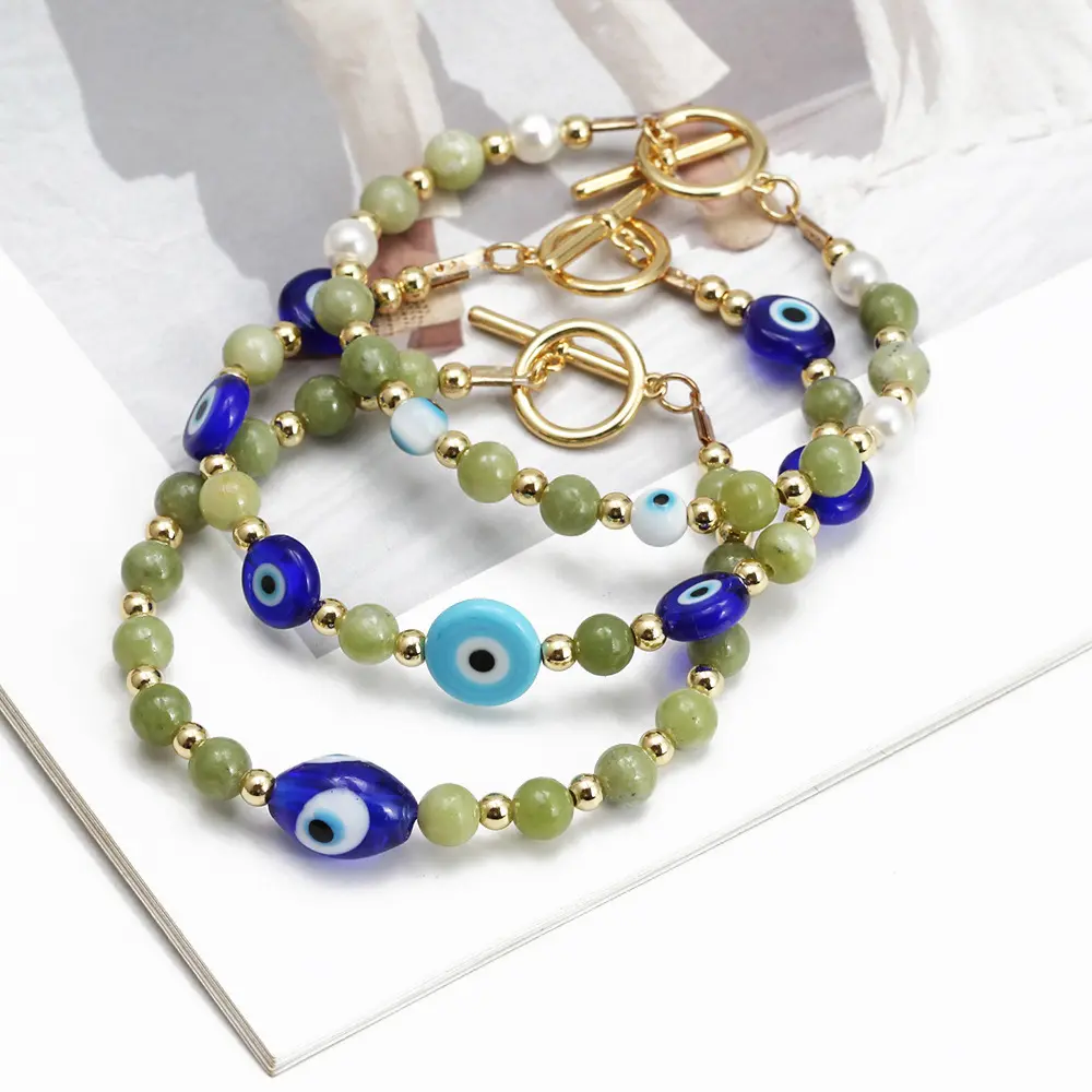 New Lucky Green Bead Pearl Eye Charm Bracelets For Women Natural Stone Bead Bangle Adjustable Handmade Evil Eye Bracelet