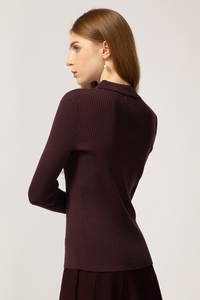 Vintage Color Thin Cotton Women Knit Boutique Knitted Tops Ribbed Turn Down Collar Sweaterspullover Spring Custom Wholesale - Product Image 4