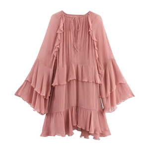 Ropa de Mujer, Nuevo Vestido Corto con Cuello de Lazo Francés y Mangas de Trompeta con Volantes para Otoño - Product Image 2