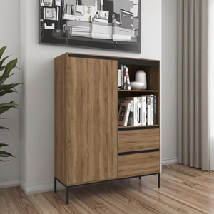 Oak Effect Finish Highboard Wooden <strong>Tall</strong> <strong>Unit</strong> 2 Doors Opening <strong>Shelves</strong> Modern Eco-Friendly Durable for Living Room Bedroom Home - Product Image 1
