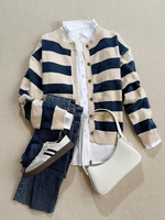 Cárdigan de Punto a Rayas con Cuello Redondo para Mujer, Suéter Abierto con Botones de Punto Acrílico, para Uso Diario, Casual, Festivo, Personalizable