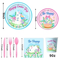 Assiettes, gobelets, serviettes, couverts, décorations, décorations de gâteau, ballons et spirales en papier à thème Lapin de Pâques et Œuf, style mignon pour fête