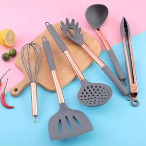 Silicone <b>Kitchen</b> <b>Utensils</b> Set With <b>Copper</b> Wooden Handle & Storage Bucket FDA Approved - Product Image 5