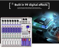 Console de mixage TopYun 8 canaux avec 99 effets DSP, réverbération intégrée, égaliseur 3 bandes, USB et Bluetooth pour la scène, la maison et les conférences