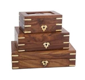 Set of 3 Wooden Hand Made Brown With <b>Metal</b> <b>Corners</b> Rectangle Shape Memorial Urns Handicrafts of Wooden Pet Funeral Urns - Product Image 1