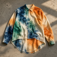 Kemeja Lengan Panjang Tie Dye Custom Pria, Hem Raw Irregular, Oversize, Kancing Depan, OEM ODM Logo Custom, Streetwear Grosir
