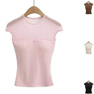 Camisetas de Manga Corta con Cuello Redondo de Encaje para Mujer, Diseño Transparente con Parches, Top Ajustado con Relleno - Product Image 1