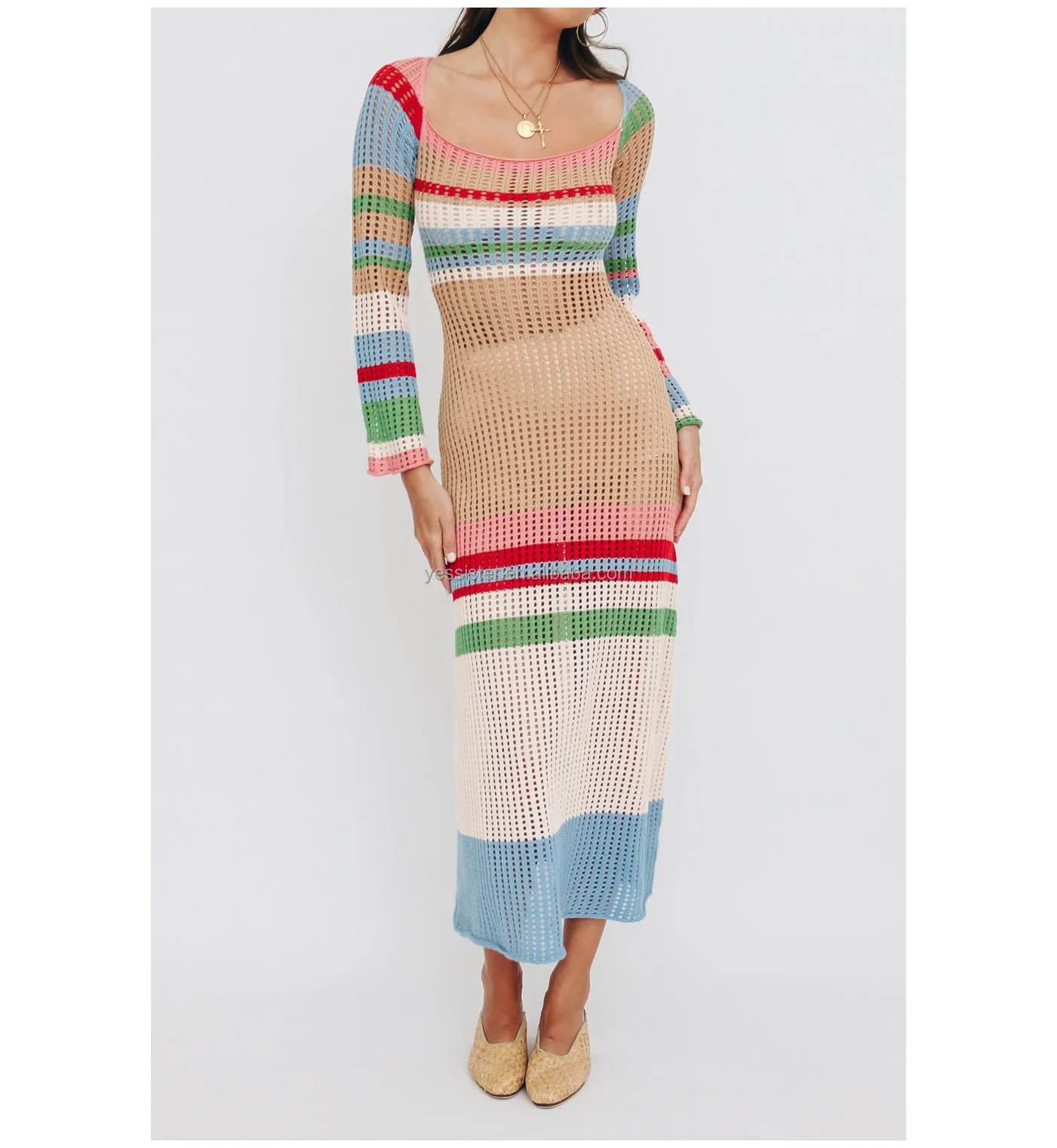 Women Knitted colorful striped handmade crochet dress with long sleeves maxi women summer beach dresses