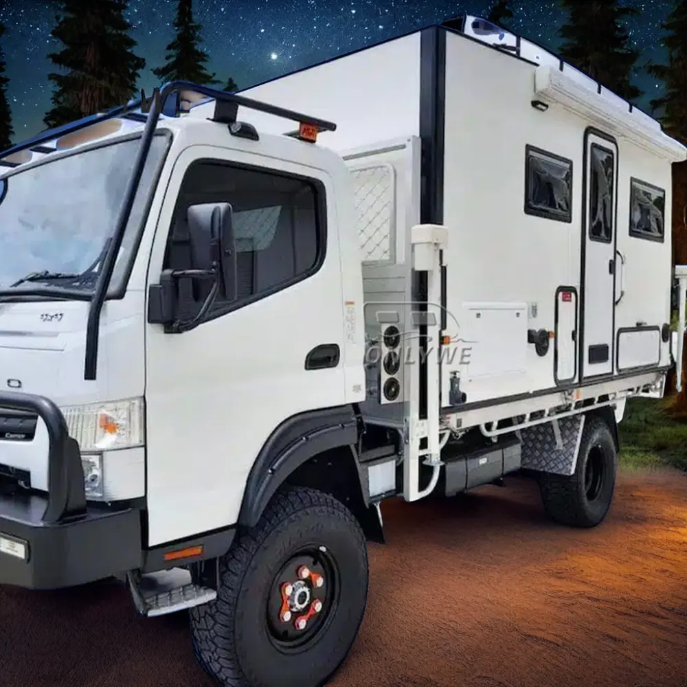 ONLYWE 4,2 M Vehículo de expedición todoterreno Tobogán en camión de fibra de vidrio Camper Van Estándar australiano 4x4 Rv Camper Truck Autocaravana