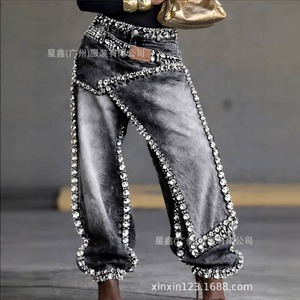 Nuovi Pantaloni Larghi in Denim di Cotone con Strass Pesanti e Strati Scomponibili 2026, Pantaloni a Vita Alta Asimmetrici Avant-Garde - Product Image 4