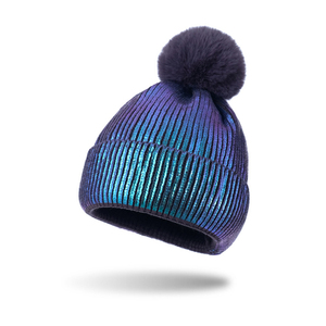 DDA1437 Hot <strong>Women</strong> Parent-child Wool <strong>Hat</strong> Winter Crochet Fur Ball Metallic Knitted <strong>Hats</strong> Shiny Bronzing Gold <strong>Pom</strong> <strong>Pom</strong> Knit Beanies - Product Image 3