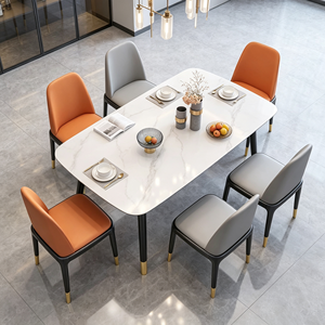 โต๊ะอาหารหินอ่อนทรงสี่เหลี่ยมทันสมัย พร้อมเก้าอี้หนัง PU 6 ที่นั่ง เฟอร์นิเจอร์สำหรับบ้าน - Product Image 1