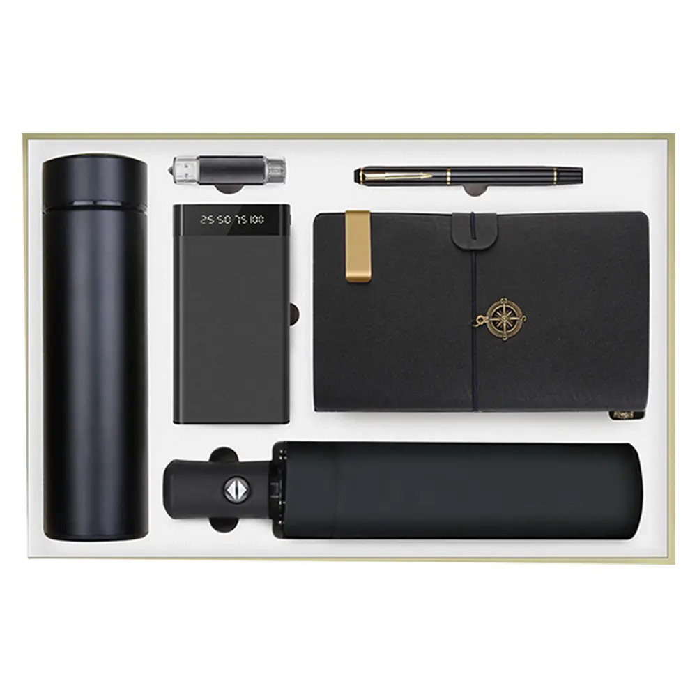Vácuo garrafa caneta notebook Guarda-chuva, USB, chaveiro, equipamento de som, banco de potência 8in1gift set luxo brinde promocional