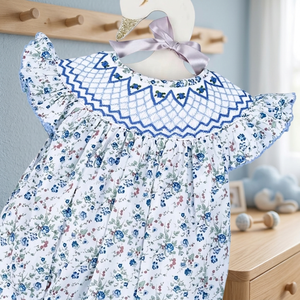 Babeeni Geometric Blue Tiny Flower Girl Smocked Bubble Baby Short Sleeve Romper Snap Button Closure-BB2031 100% Cotton OEKO-TEX - Product Image 3