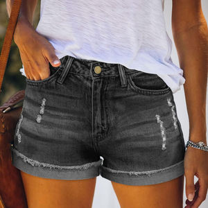 Shorts de mezclilla de mujer de alta calidad, a la moda, de verano, talla grande, de pierna ancha, <span class=keywords><strong>blancos</strong></span>, azules, negros, grises, con agujeros <span class=keywords><strong>rotos</strong></span> y alta elasticidad. - Product Image 4